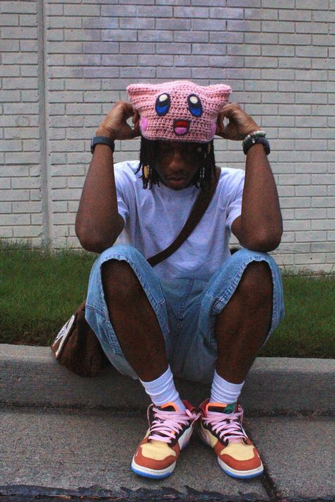 Kirby Beanie, Kirby Hat, Y2k Beanie, Y2k Outfits Men, Aesthetic Hoodies, Beanie Outfit, Black Men Street Fashion, Earthy Outfits, Dope Outfits For Guys