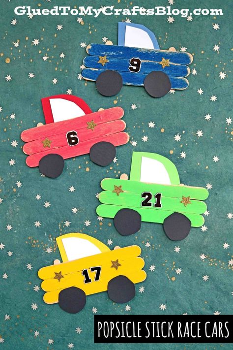 Super FAST Popsicle Stick Race Cars - Kid Craft Tutorial Car Popsicle Stick Crafts, Race Car Arts And Crafts, Car Craft Ideas, Race Car Crafts Preschool, Car Projects For Kids, Race Car Crafts For Kids, Craft Transportation For Kids, Cute Popsicle Stick Crafts, Racing Crafts For Kids