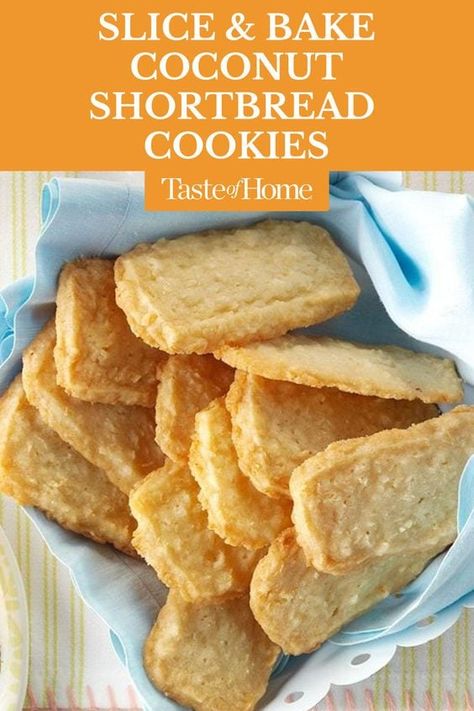 Slice & Bake Coconut Shortbread Cookies Taste Of Home Slice And Bake Coconut Shortbread Cookies, Coconut Cookie Bars Recipes, Lilikoi Shortbread Cookies, Coconut Shortbread Cookies Recipe, Best Shortbread Recipe, Shortbread Flavor Ideas, Dessert Biscuit Recipes, Coconut Baked Goods, Coconut Baking Recipes