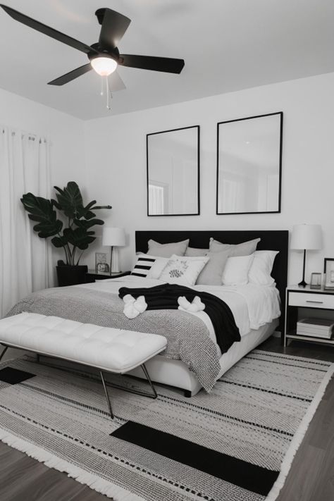 Master Bed Interior Design, Black And White Aesthetic Interiors, Black And White Room Inspiration, Black And White Modern Bedroom Ideas, Bedroom Ideas White And Black, Silver Dorm Room, Black And White Bedroom Decor Ideas, Black And White Room Bedroom, Simple Black And White Bedroom