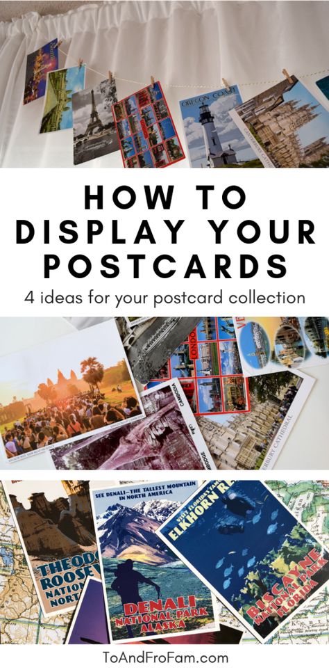 Postcards to kids: Let them see the world from home - To & Fro Fam Creative Ways To Display Postcards, How To Display Postcards Ideas, Framing Postcards Display Ideas, Postcard Display Ideas Wall Collage, Crafts With Postcards, Postcard Collection Ideas, How To Hang Postcards On Wall, Post Card Display Diy, Framed Postcards Wall Decor