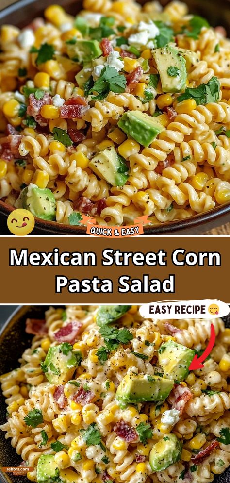 Bring the vibrant flavors of the streets to your table with this Mexican Street Corn Pasta Salad. Combining charred corn, creamy sauce, and pasta, this dish is a fresh, zesty take on traditional pasta salad. #StreetCorn #PastaSalad #SummerDishes Side For Mexican Dishes, Pasta Salad Traditional, Thanksgiving Sides Mexican, Pasta And Salad Recipes, Football Pasta Salad, Mexican Style Pasta Salad, Banza Pasta Salad Recipes, Creamy Cobb Pasta Salad, Mexican Sweet Corn Pasta Salad