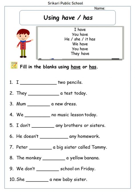 Grammar online worksheet for 3 /4 / 5. You can do the exercises online or download the worksheet as pdf. English Grammar Worksheets Year 4, Have Or Has Grammar, Use Of Has And Have, Use Of Has Have Had Worksheet, English Work Sheet For Grade 4, To Worksheet, Have And Has Activities, Easy Grammar Worksheets, English Worksheets For Grade 4 And 5