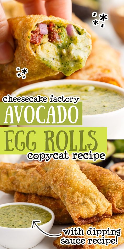 These crispy rolls have a creamy avocado filling and taste just like Cheesecake Factory avocado egg rolls when dipped in our cashew sauce! Guacamole Egg Rolls, Cheesecake Factory Egg Rolls, Bjs Avocado Egg Rolls Recipe, Avocado Egg Rolls Cheesecake Factory, Easy Egg Roll Recipes, Avacado Egg Rolls, Egg Roll Filling Recipes, Spring Roll Filling Ideas, Egg Rolls Recipes