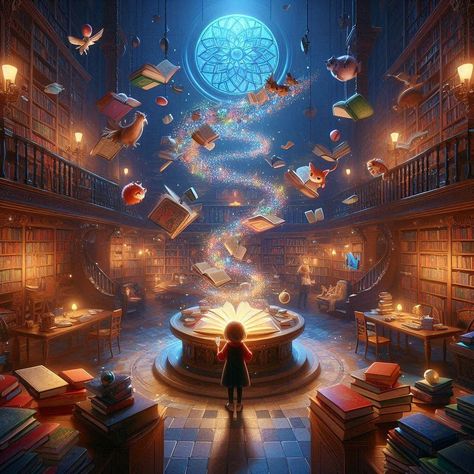 Step into a world where stories come alive and imagination knows no bounds. Welcome to the magical library where books float and characters leap off the pages! #MagicalLibrary #FantasyWorld #BooksComeAlive #Imagination #FloatingBooks #StorytimeMagic #LiteraryAdventure #FantasyLibrary #BookLovers #EnchantedLibrary Floating Book Drawing, Magic Library Concept Art, Magic World Illustration, Magical Library Fantasy Art, Magic Library Aesthetic, Imagination World, Happiness Drawing, Library Painting, Magic Concept