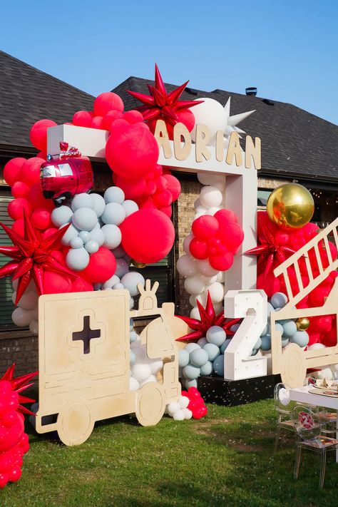 Ems Birthday Party, Fire Engine Birthday Party Decorations, 2 The Rescue Birthday, Two The Rescue Birthday, Fire Engine Birthday Party, Fire Engine Birthday, Fire Engine Party, Kids Table Set, Planes Birthday