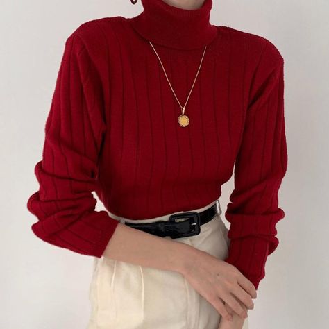 High Neck Sweater Outfit, High Neck Outfit, Red Outfit Winter, Red Sweater Outfit, Cold Summer, Tight Sweater, Red Turtleneck, Knit Turtleneck, Red Sweater