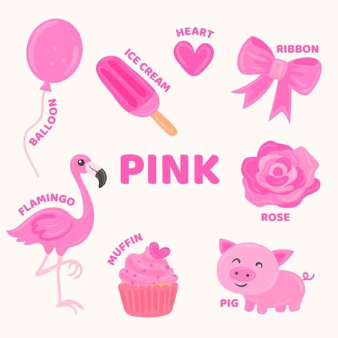 Pink objects and vocabulary set in engli... | Free Vector #Freepik #freevector #school-activity #preschool #kindergarten #vocabulary Things That Are Pink Preschool, Pink Objects, Preschool Letter Crafts, Camping Coloring Pages, Preschool Decor, Rainbow Mobile, School Board Decoration, Sign Boards, Kindergarten Classroom Decor