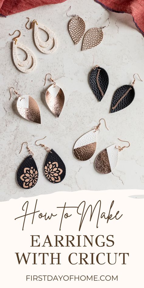 Learn how to make gorgeous earrings with your Cricut machine. This step-by-step tutorial tells you everything you need to know to start making earrings, including the materials, mats, and blades required. Get 10 tips for success in this in-depth article. #cricut #earrings #jewelrymaking #firstdayofhome Free Svg Files For Cricut Faux Leather Earrings, Make Earrings With Cricut, Earrings With Cricut, Earrings Cricut, Diy Earrings Materials, Cricut Earrings, How To Make Leather, Jump Ring Jewelry, Diy Leather Earrings