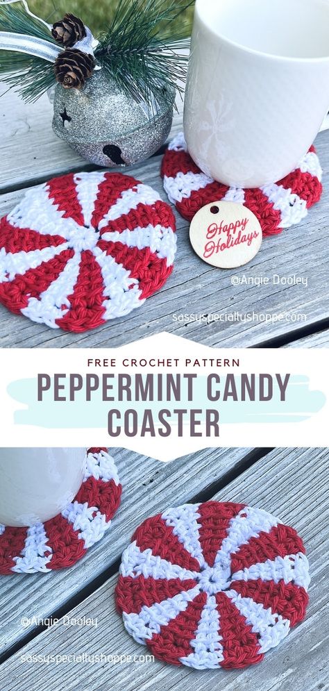 January Crochet Projects, Easy Xmas Crochet, Peppermint Crochet Coasters, Small Crochet Christmas Projects, Christmas Crochet Patterns Free Ornament Xmas, Crochet Christmas Craft Fair Ideas, Quick And Easy Crochet Christmas Gifts, Craft Fair Crochet Ideas To Sell, Crochet Peppermint Candy