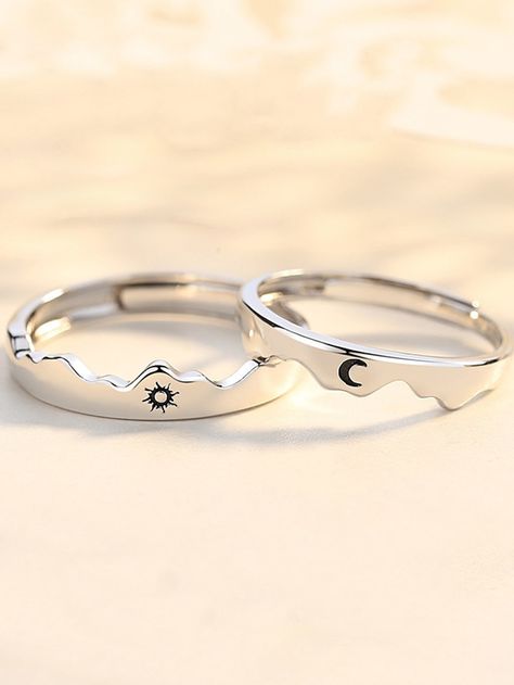 Silver Fashionable   Zinc Alloy   Embellished   Jewelry Matching Ring Set, Best Friend Rings, Sun And Moon Rings, Bff Jewelry, Friend Rings, The Sun And Moon, Pattern Ring, Couple Jewelry, Detailed Ring