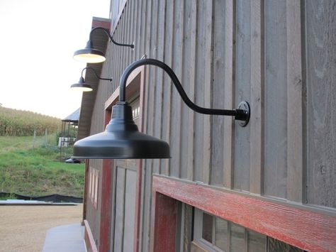 Classic Gooseneck Barn Lights Lend Authenticity to New Build | Blog | BarnLightElectric.com Motion Sensor Barn Light, Pole Barn Lights Exterior, Goose Neck Lighting Exterior, Goose Neck Lighting Outdoor, Barn Lights Exterior Garage, Barn Lights Exterior, Farm Shop Ideas, Gooseneck Lighting Outdoor, Outdoor Barn Lights