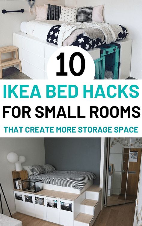 Ikea Bed Hacks, Ikea Hack Lit, Ikea Storage Bed, Ikea Small Bedroom, Diy Seng, Loft Bed Ideas For Small Rooms, Bed Hacks, Small Bedroom Hacks, Ikea Loft Bed