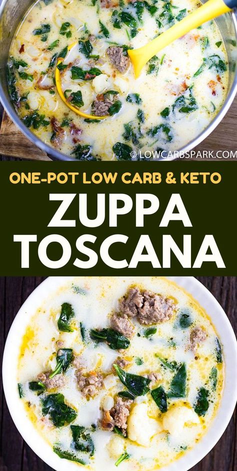 Low Carb Tuscan Zuppa Soup, Zuppa Toscana Soup Crockpot Keto, Thm Zuppa Toscana Soup, Italian Zuppa Toscana, Italian Wedding Soup Keto, Kept Soup Recipes, Keto Sausage Spinach Soup, Keto Tuscan Soup Recipes, Keto Soup With Sausage