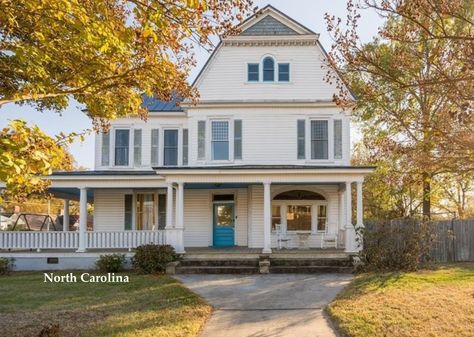 Hall Wainscoting, Carolina Homes, Central Hall, Blue Shutters, Old Houses For Sale, North Carolina Homes, Lakefront Homes, Wrap Around Porch, Historic Home