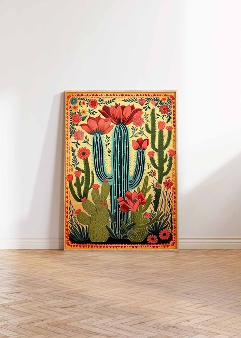 Vintage Mexican Cactus Poster, Colourful Mexican Art Print, Traditional Mexican Artwork, Floral Vintage Poster, Latin Decor, Mexican Gift - Etsy Traditional Mexican Paintings, Cactus Folk Art, Mexican Artwork Traditional, How To Paint Cactus, Mexican Room Ideas, Mexican Room Aesthetic, Mexican Illustration Art, Mexican Folk Art Pattern, Mexican Art Traditional