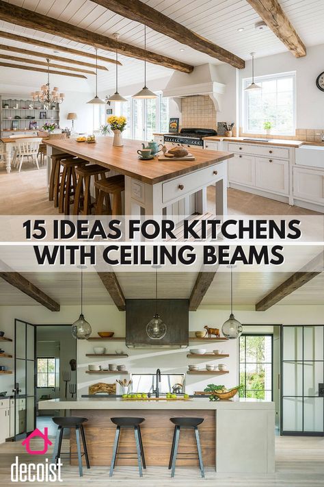 Cottage Ceiling Ideas Farmhouse Style, Faux Wood Beam Flat Ceiling, Kitchen Beams Ceiling Farmhouse Style, Kitchen Ideas With Beams, Farmhouse Kitchen Low Ceiling, Kitchen Ceilings Farmhouse, Kitchen Ceiling Beams Ideas, Breadboard Ceiling With Beams, Vaulted Ceiling With Wood Beams Kitchen