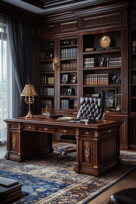 29 Old Money Living Room Ideas for Classic Style 28 Interior Design Old Money, Old Money Office Decor, Old Money Home Office, Classical Study Room, Old Money Study, Ornate Office, Antique Desk Office, Old Money Homes, Antique Office Desk