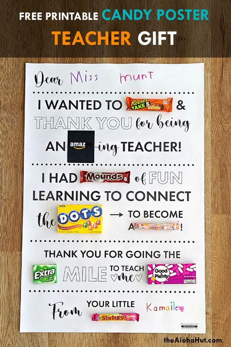 A candy poster is a great teacher appreciation gift. It combines candy and treats and an amazon gift card (teachers favorite gift!). Download the free print and make a candy gram poster for teacher appreciation that your teacher will surely love. Personalize by adding the teacher's name or drawing a picture of them and have the student sign their name or draw a picture of themselves. Easy teacher appreciation gift idea they will love! #teacherappreciation #teacherappreciationgifts #candyposter Candy Poster Board, Teacher Appreciation Poster, National Teacher Appreciation Day, Candy Bar Poster, Candy Bar Table, Candy Bar Posters, Candy Themed Party, Appreciation Gifts Diy, Candy Board