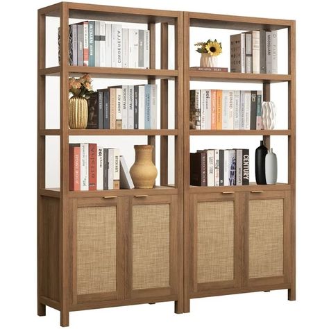 Omni House Rattan 5 Shelf Bookcase Tall Bookself with Storage Cabinet and Doors,Boho Book Shelf with Display Shelves for Living Room Home Office Bedroom(Oak,2PCS) - Walmart.com Shelves Large, Farmhouse Bookcases, Bookcase With Doors, Large Bookshelves, Tall Bookshelves, Tall Bookcase, Open Bookshelves, Corner Bookshelves, 5 Shelf Bookcase