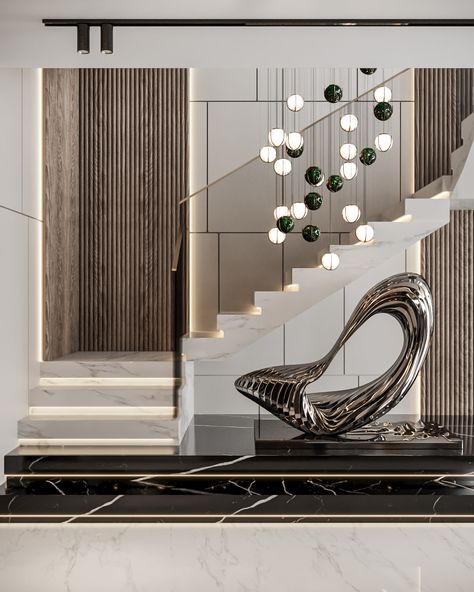 SODIC EAST VILLA .... RECEPTION :: Behance Double Height Stairs Wall Designs, Duplex Staircase Wall Design Modern, Steps Wall Design, Below Staircase Ideas, Staircase Design Wall, Stair Wall Design Interiors, Double Height Staircase Wall Design, Duplex House Design Interiors, Stairs Wall Design Modern