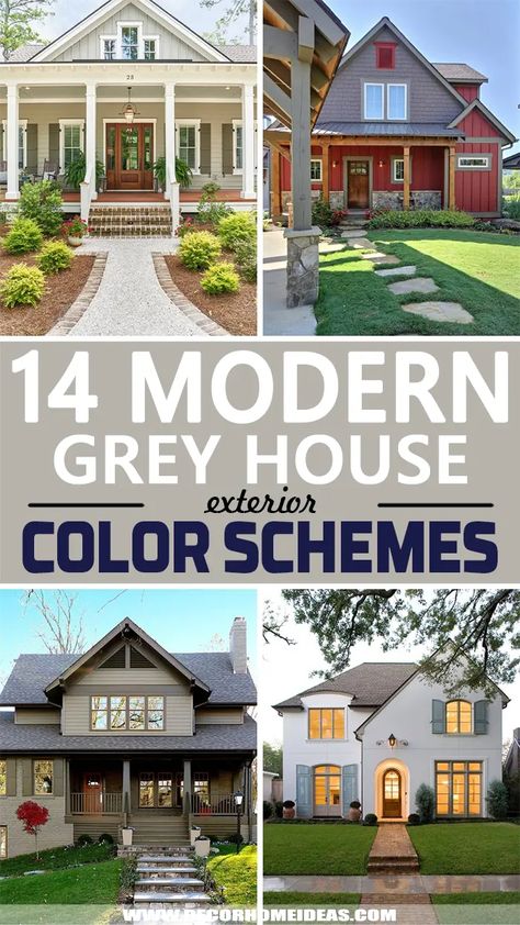 14 Modern Grey House Exterior Color Schemes Cool Grey Exterior House Colors, Grey House Color Scheme Exterior, Grey Exterior Color Schemes, House Colors With Grey Roof, Gray House Trim Colors, 2 Story House Paint Exterior Colors, Dark Grey House With Shutters, Gray House With Brown Roof, Grey Vinyl Siding House Exterior Colors