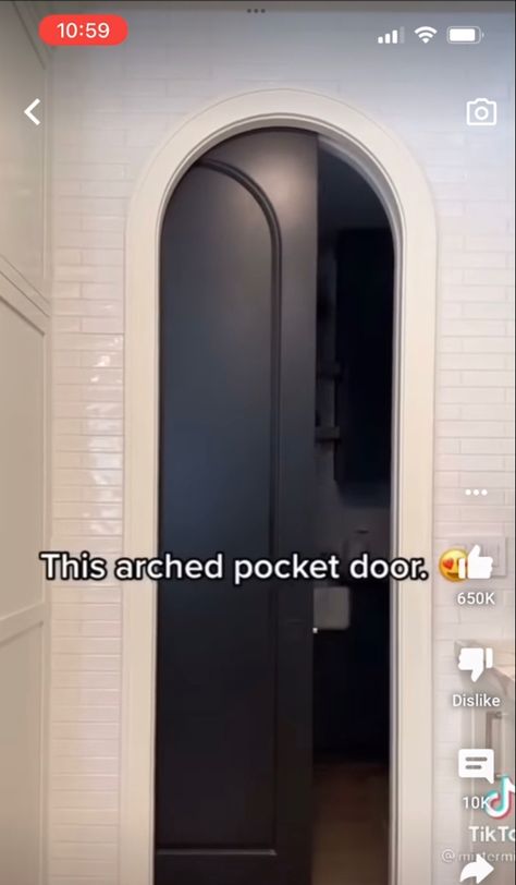 Pocket French Doors Bathroom, Half Pocket Doors, Pocket Doors Master Bath, Arched Doorway With Door, Archway Pocket Doors, Pocket Door To Mudroom, Art Deco Pocket Door, Curved Pocket Doors, Pocket Door With Arch