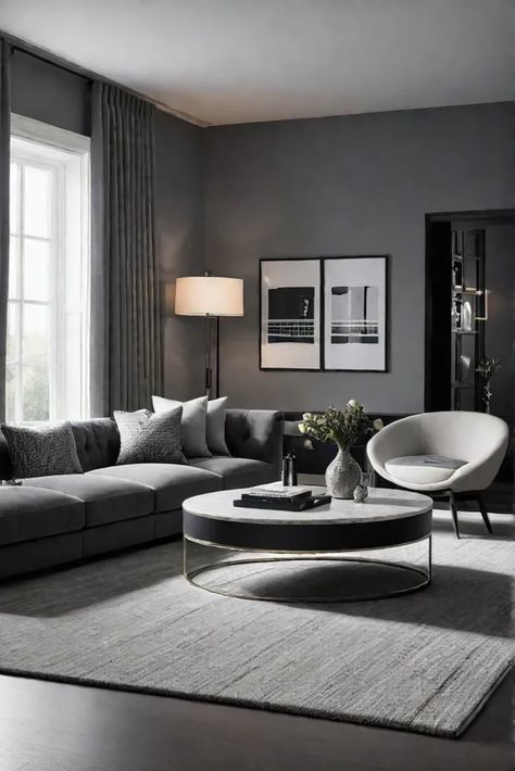 Monochromatic living room with shades of gray Black Wood Grey Living Room, Grey Home Interior Design, Black White And Gray Interior Design, Monochromatic Grey Living Room, Grayscale Living Room, Modern Abstract Interior Design, Gray Monochromatic Living Room, Grey Loving Room, Grey White And Black Living Room