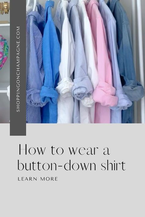 Did you know there are multiple ways to wear a button-down shirt? It's an essential piece of any wardrobe. Learn how to wear it as well as the best brands to buy. Button down shirts also work well in capsule wardrobes to help provide outfit a wide variety of outfit options. Collarless Shirt Outfit Woman, How To Style Oxford Shirt Women, Preppy Button Down Shirt Outfit, Women’s Oxford Shirt Outfit, Wearing A Button Down Shirt, Preppy Style Outfits Womens Fashion, Ralph Lauren Oxford Shirt Women Outfits, Button Down Women Outfit, How To Wear A White Button Down Shirt