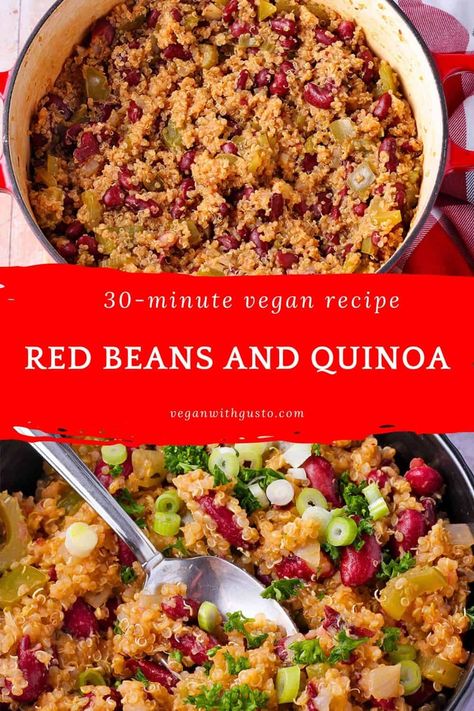 Easy weeknight red beans and quinoa is a reliably delicious 30-minute vegan one-pot dinner. Quick-cooking quinoa with red beans or red kidney beans, a little diced celery and green bell pepper with smoked paprika, a splash of apple cider vinegar, and a dash of Tabasco hot sauce - dinner on the fly you'll love! Small Red Beans Recipe, Beans And Quinoa, Cooking Quinoa, Dry Beans Recipe, Cranberry Quinoa Salad, Red Beans Recipe, Recipes With Kidney Beans, Tabasco Hot Sauce, Vegan Casserole