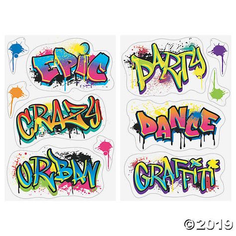 Add some bright colors and funky designs to your 90s or graffiti theme event with these clings! Perfect for using with our concrete stand-ups, sold ... Graffiti Theme, Graffiti Party, Images Pop Art, Alphabet Graffiti, Graffiti Names, Graffiti Art Letters, Arte Doodle, Graffiti Logo, Graffiti Lettering Fonts