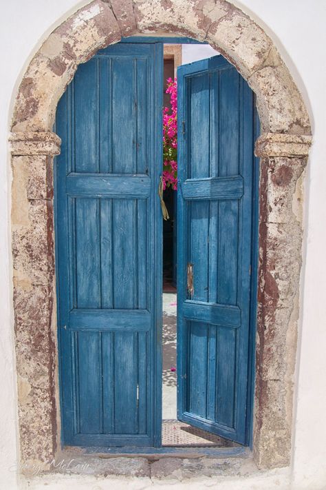 12 x 18 Signed Stretched Canvas of an open door in Santorini, Greece Greece Houses Interior, Greek Cottage Interior, Blue Doors Front Entrance, Mediterranean Door, Beach House Door, Greek House Interior, Bold Front Door Colors, Greek Style Home, Gate Painting