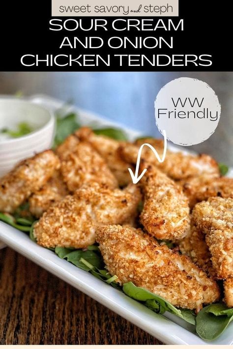 If you are looking for a fun and easy chicken recipe with minimal ingredients, this is it.  You probably also have all of the ingredients on hand already!  Delicious and kid-approved, sour cream and onion chicken tenders are the perfect easy meal to prepare for the family.  Chicken tenders are coated in flavorful onion mix and crispy panko; dipped into sour cream with some fresh scallions, and you've got all the flavors of sour cream and onion dip in a chicken dish. Sourdough Chicken Tenders, Sour Cream Onion Chicken, Baked Chicken With Sour Cream Recipes, Chicken Tenders Cream Of Mushroom Soup, Crispy Sour Cream And Onion Chicken, Sour Cream And Onion Chicken, Sour Cream And Onion Dip, Easy Chicken Tenders, Crusted Chicken Tenders