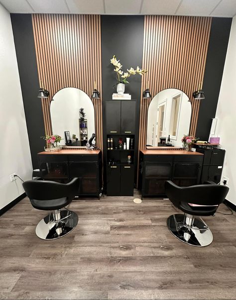 Top Salon Design, Small Salon Suite Ideas Black, Hair Salon Sink Area, Salon Garage Ideas, Hairstylist Salon Suite, Moody Salon Design, Hair Salon Furniture Ideas, Double Sided Salon Station Ideas, Salon In Garage Ideas