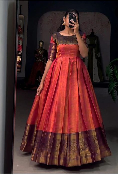 Saree Stitched Gown, Traditional Gowns For Women, Saree To Umbrella Kurti, Sari One Piece Dress, Anarkali Umbrella Dress, Patu Saree Long Frocks, Saree To Dress Convert Designs, Long Frock From Saree, Saree Frock Dresses For Women