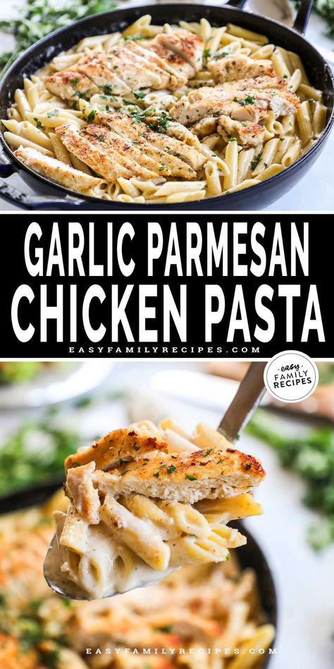 This creamy, full-of flavor pasta topped with crispy chicken is so easy to make! Ready in less than 30 minutes, Parmesan Garlic Chicken Pasta is fast and easy - the perfect weeknight dinner. First, cover the chicken in garlic parm breadcrumbs and cook it on the stove top until golden and juicy. Then, whip up the creamy sauce for the pasta. Mix the pasta in the sauce and serve with the sliced chicken on top. It’s the best! This Garlic Parmesan Chicken Pasta is on steady rotation in our house. Easy Stove Top Meals, Garlic Chicken Salad, Easy Chicken Pasta Recipes, Parmesan Garlic Chicken Pasta, Parmesan Garlic Chicken, Garlic Parmesan Chicken Pasta, Parmesan Chicken Pasta, Garlic Chicken Pasta, Garlic Parmesan Pasta