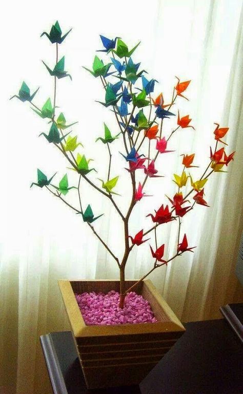 Origami cranes attached to a tree for a beautiful display Diy Origami Decor, Origami Pikachu, Cube Origami, Diy Origami Home, Diy Origami Home Decor, Origami Decor, Origami Home Decor, Origami Ball, Origami Wedding