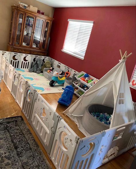 Baby Play Area In Living Room Gate, Large Playpen Ideas, Play Pen In Living Room, Toddler Apartment Play Area, Play Yard Ideas Indoor, Baby Friendly Living Room, Baby Play Area In Living Room, Infant Play Area In Living Room, Infant Playroom