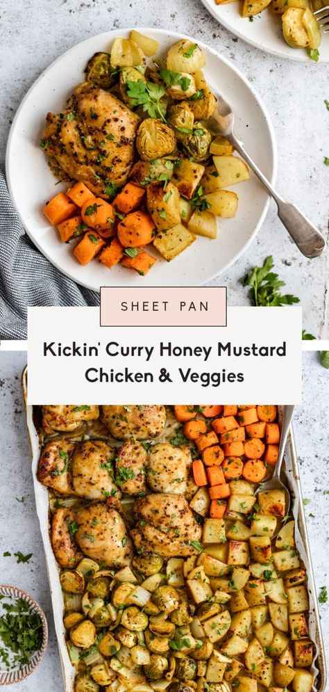 One Pan Kickin' Curry Honey Mustard Chicken & Veggies | Ambitious Kitchen Honey Mustard Chicken Marinade, Ambitious Kitchen Recipes, Mustard Marinade For Chicken, Mustard Marinade, Honey Mustard Marinade, Honey Mustard Chicken Recipes, Sheet Pan Meals Chicken, Mustard Chicken Recipes, Mom Recipes