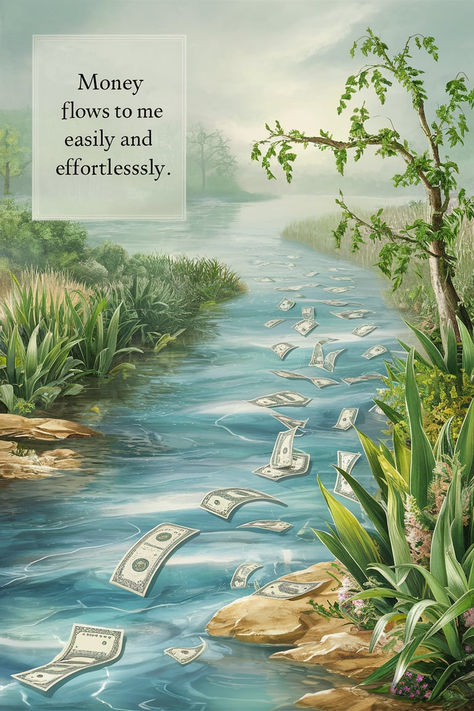 A tranquil river flowing through a lush landscape with dollar bills floating on the water, symbolizing the effortless flow of money. Money Flowing Images, Abundance Images Wealth, Abundance Money Images, Financial Growth Images, Money Abundance Images, Financial Abundance Images, Passive Income Aesthetic, Income Affirmations, Money Flows To Me Easily