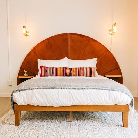 Round Wooden Headboard, Article Bed Frame, Mid Century Bed Frames, Half Circle Headboard Wood, Headboard Mid Century Modern, Mid Century Modern Headboards, Article Headboard, 70s Bed Frame, Mid Century Modern Beds