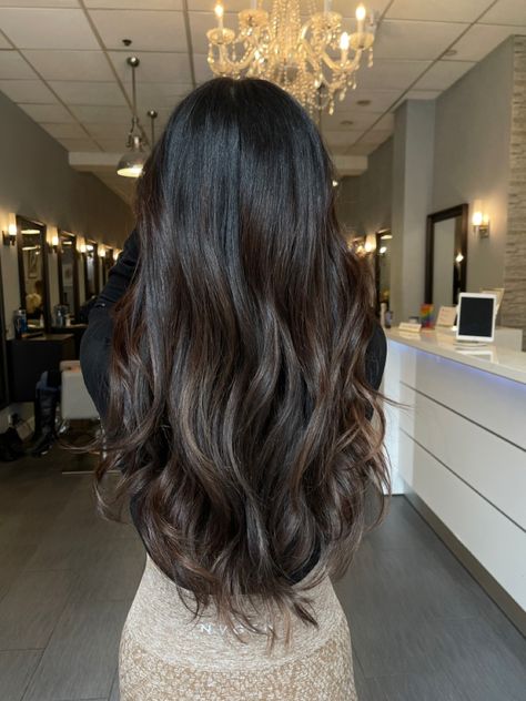 Soft Balayage Brunette Dark, Soft Black Hair With Highlights, Balayage Hair Black Hair Straight, Black Hair Ombre Balayage Dark Brown, Dark Cocoa Balayage, Dark Hair Soft Balayage, Black Hair Balayage Indian Dark Brown, Dark Brown Hair Balayage On Black Hair, Dark Toned Balayage