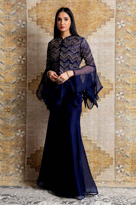 Buy Ridhima Bhasin Blue Organza Embroidered Peplum And Sharara Set Online | Aza Fashions Umbrella Sleeves, Ridhima Bhasin, Amrita Rao, Blue Peplum Top, Indian Kurti Designs, Satin Suit, Blue Organza, Suit Ideas, Denim Maxi Dress