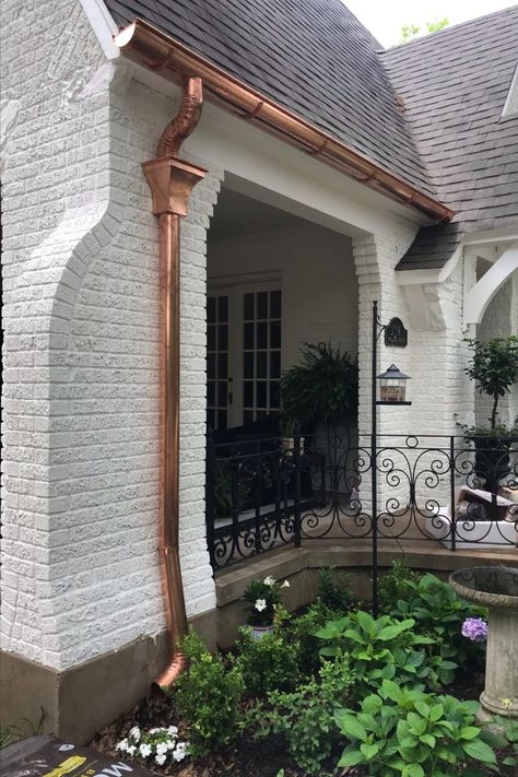 Copper Roof House, House Gutters, Mountain Cabin Decor, Copper Gutters, Exterior House Remodel, Copper Roof, Brick Exterior House, Exterior Remodel, Metal Works