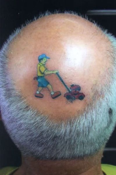 3d Tattoos, Bad Tattoos, Lawn Mower Tattoo, Bald Tattoo, Cover Ups Tattoo, Cream Tattoo, Unusual Tattoo, Weird Tattoos, 3d Tattoo