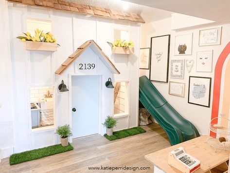 My girls Play House that I built! Playroom Playhouse, Basement Playhouse, Playhouse Inspiration, Under Stairs Playhouse, House Playroom, Magic Light Trick, Play Loft, Playroom Boys, Farmhouse Playroom