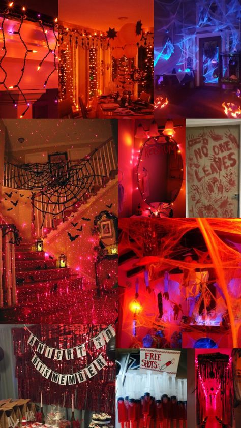 Halloween Art Installation, Prom Halloween Party, Aesthetic Halloween Birthday Party, Halloween Decorations House Party, Halloween Outside Party Decor, Streamer Halloween Decorations, Halloween Party Ideas Decorations Table, Glow In The Dark Halloween Party Ideas, Spooky Halloween Party Decor