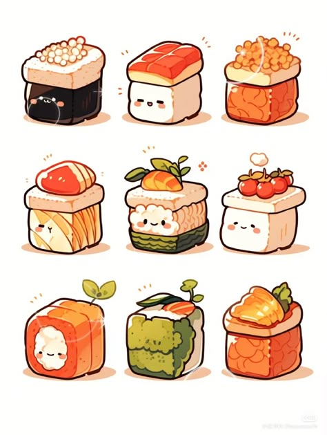 Food Chibi Drawing, Food Characters Illustration, Cute Sushi Illustration, Chibi Food Kawaii, Genshin Otter, Kawaii Drawings Food, Food Cartoon Illustration, Kawaii Food Drawings, Cartoon Character Drawing