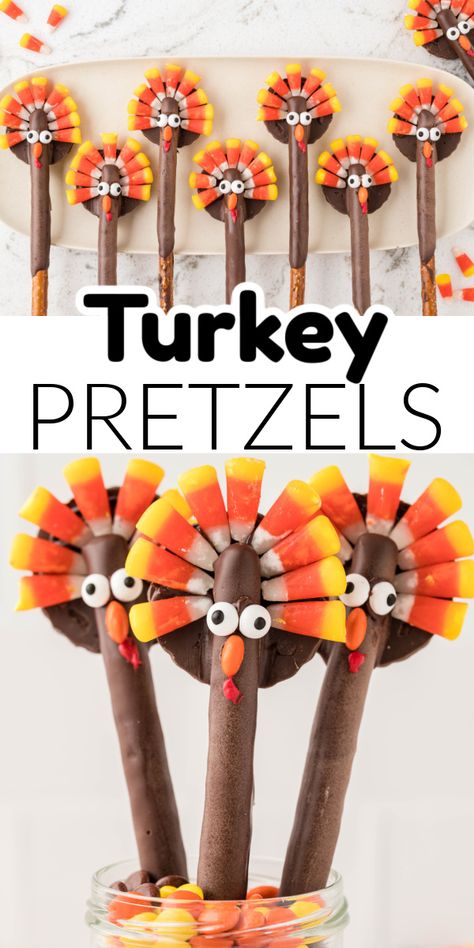 Learn how to make these super cute and easy turkey pretzel rods. These turkey pretzel rods are perfect for Thanksgiving. Turkey Desserts For Kids, Thanksgiving Snacks For Kids, Turkey Pretzels, Candy Turkeys, Thanksgiving Turkey Treats, Turkey Desserts, Thanksgiving Food Crafts, Chocolate Turkey, Desserts For Kids