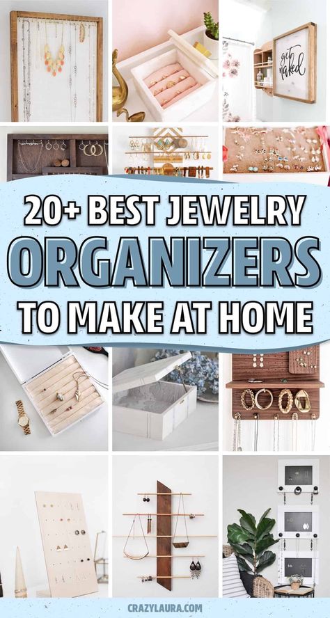 If you want to build your own jewelry storage container or you're looking for a project to get things organized with, check out these awesome DIY jewelry organizers and tutorial ideas for inspiration to start building your own! Diy Jewelry Organizer Wall Display Ideas Earring Storage, Jewelry Organizer For Small Spaces, Earrings Box Jewelry Storage, Organize Jewelry Ideas Diy, Jewelry Organizer Diy Earrings, Creative Ways To Store Jewelry, Diy Jewellery Storage, Creative Jewelry Storage Ideas, Bracelet Organization Ideas